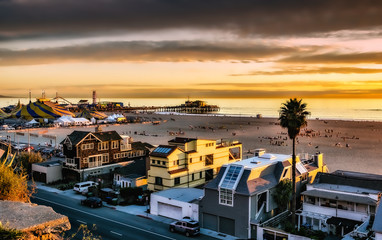 Dramatic sunset over Santa Monica beach, California.