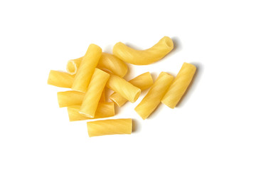 Tortiglioni italian pasta isolated on white background. Short pasta with ribbed surface and straight cut