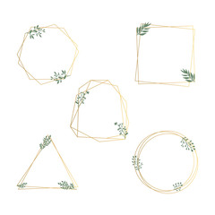 Hand Drawn Geometric Gold Frames. Golden Frames with Green Herbs. 