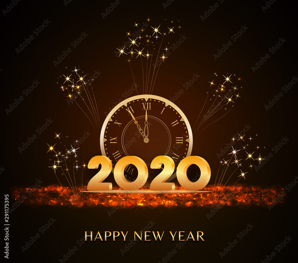 Wall mural happy new year 2020 - new year text design with golden 3d numbers and vintage clock on holiday glitt