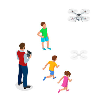 Isometric father with children launches a drone. Outdoor recreation Leisure for family. Birthday gift.