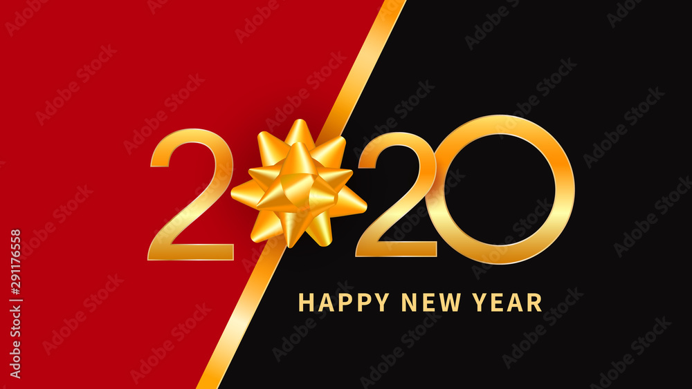 Wall mural happy new year 2020 - new year background with shiny gold text design, golden numbers and ribbon bow