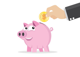 Piggy bank and businessman hand with coin.