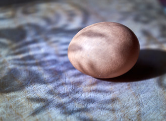 Brown chicken egg on a wooden surface