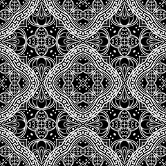 Elegance black and white line art tracery vector seamless pattern. Greek style ornamental ethnic background. Paisley flowers, lines, curves, frames, shapes, dots. Greek key meanders ornament. Template
