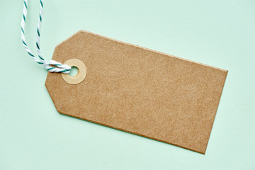 Blank brown gift tag with geen and white twine. Kraft carton label on light green background with copy space. Shopping, sale, celebration or anniversary concept.