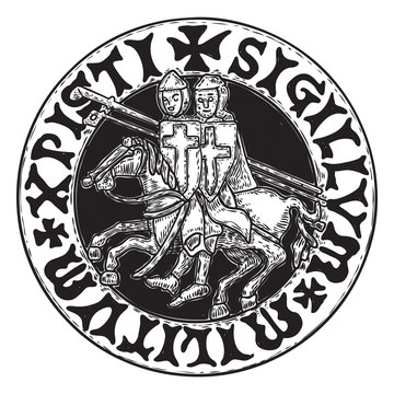 Metal round patch. Sigillum Militum Xpisti Knights Templar Crusader pin badge. Translating, Christ's Secret Militia. Vector.