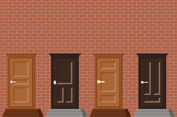 Vector flat design house various type doors with doorstep icon set. Entrance doors isolated on red brick wall backgroud.