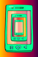 Vector flat illustration of smartphone recursion. phone on multicolor backgraund