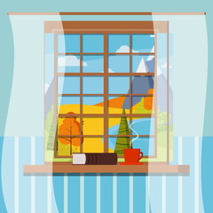 Vector illustration of autumn view window frame with closed book, cup with hot coffee or tea and curtains flat style.