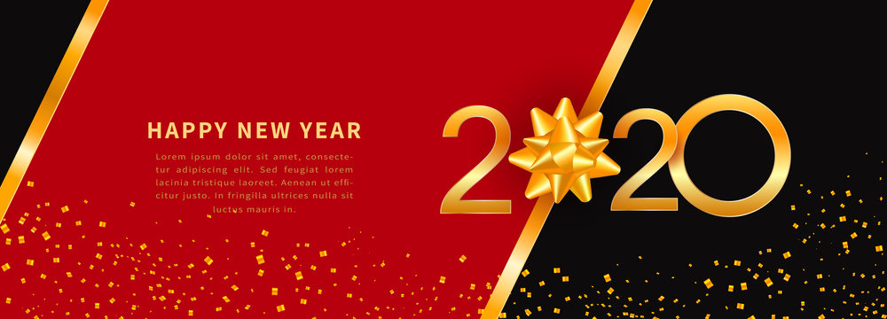 Happy New Year 2020 - New Year greeting card, voucher or coupon template with shiny gold text design, numbers and golden ribbon bow on black background with glitter confetti