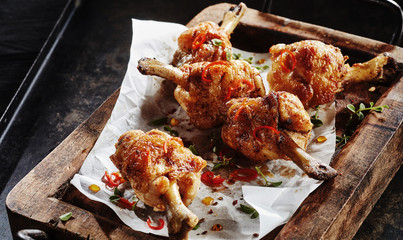 Hot crispy grilled chicken legs with chili