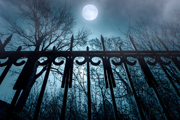 Horror. Iron Fence and Moonlight. Nightmare over abandoned House. Night Time with Fog and Moon. 