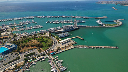 Fototapeta premium Aerial drone photo of iconic marina and bay of Faliron or Phaliro in Athens seaside riviera, Attica, Greece