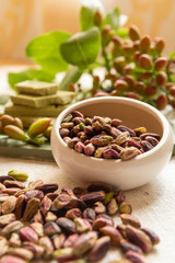 Sweet, delicate and fragrant nuts, Bronte pistachios with  brilliant green colour, ingredient for Italian cuisine, ice creams, cakes, pesto