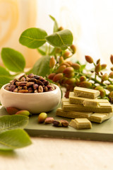 Sweet, delicate, fragrant nuts, Bronte pistachios with  brilliant green colour and handmade pistachio chocolate