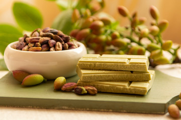 Sweet, delicate, fragrant nuts, Bronte pistachios with  brilliant green colour and handmade pistachio chocolate