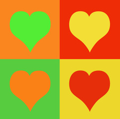 four multi-colored hearts in four squares.