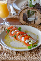 Delicious italian caprese salad with ripe tomatoes, fresh garden basil and buffalo mozzarella cheese.