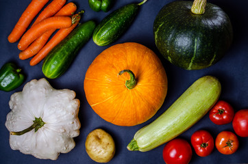 Fresh colorful organic vegetables shot from above top view, flat lay on dark background.Pumpkin