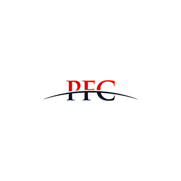 Initial letter PFC, overlapping movement swoosh horizon logo company design inspiration in red and dark blue color vector