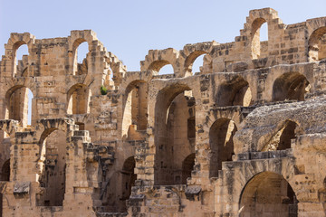 Impressive ancient Roman amphitheater El Jem in Tunisia, Africa,  World Heritage Site, one of the biggest in the world still standing after recent terrorist attack 