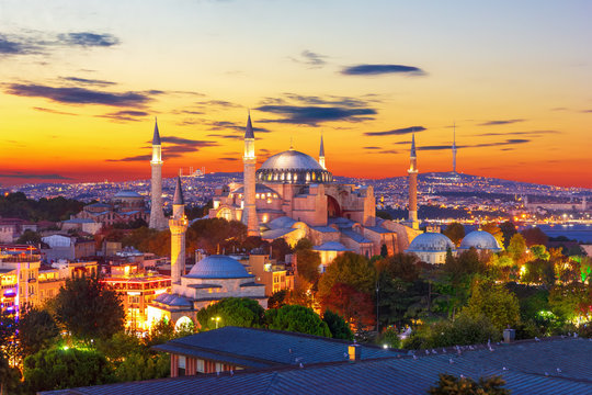 Hagia Sophia in the colorful sunset, Istanbul, Turkey