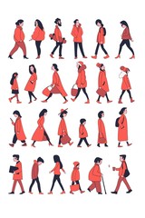 A crowd of people dressed in winter clothes or outerwear, walking down the street, standing still. A group of funny men, women and children. Set of flat cartoon vector illustrations.