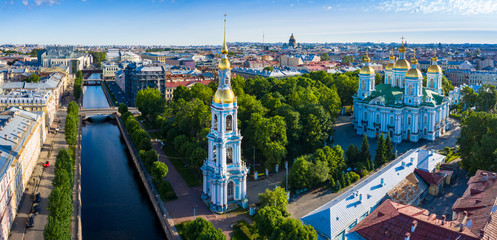 Obraz premium Russia. Panorama of St. Petersburg from a height. Architecture Of St. Petersburg. Rivers Of St. Petersburg. Nikolsky naval Cathedral. Belfry. Kryukov canal. Travel to Russia in summer.