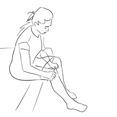 Young woman puts on leggings. Hand drawn black silhouette. Vector illustration.