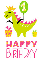 1st Birthday Dino Princess Party Print. First Birthday Dinosaur Girl Clipart. Cute Happy Birthday Colorful Element for Baby.  Hand Drawn Image for Greeting Cards, Clothes. Flat Vector Illustration.
