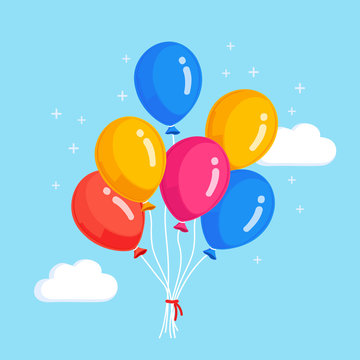 Bunch of helium balloon, air balls flying in sky with clouds. Happy birthday, holiday concept. Party decoration. Vector cartoon design