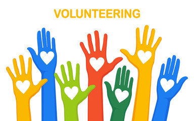 Fototapeta premium Raised hands with heart isolated on white background. Volunteering, charity, donate blood concept. Thank for care. Vote of crowd. Vector flat design
