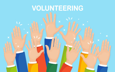 Fototapeta premium Raised hands isolated on background. Volunteering, charity, donate blood concept. Thank for care. Vote of crowd. Vector flat design