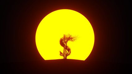Silhouette of growing tree in a shape of a dollar sign. Eco Concept. 3D rendering.