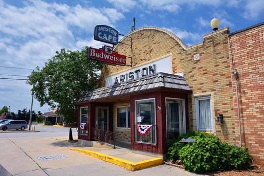 Litchfield, Illinois - July 17, 2017: Point of interest on Route 66. The Ariston Cafe was founded by Pete Adam, a greek immigrant in 1924. This establishment is a popular stop for route 66 travelers.