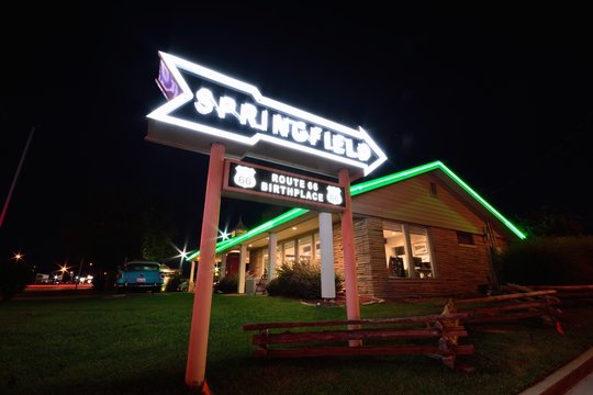 Springfield, Missouri - July 18, 2017. Springfield road arrow sign and retro car in Best Western Rail Haven motel. Famous motel on Route 66
