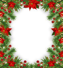 Fototapeta na wymiar Christmas frame decorations with poinsettia, fir tree, holly berries and decorative golden ribbons. Design element for Xmas isolated on white background. Vector