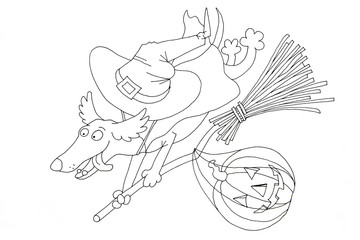 Invitation card on Halloween. Dachshund on a broomstick with a pumpkin and a costume. Digital - download and print. Coloring page Halloween