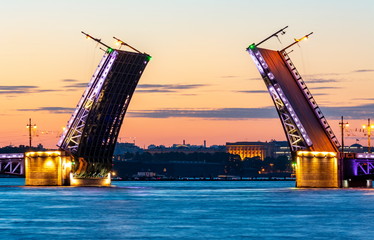 Fototapeta na wymiar Drawn Palace Bridge and Neva river at summer night, St. Petersburg, Russia