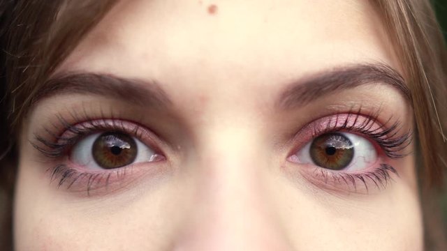 Closeup Woman eyes. macro shoot. nervous tick eye. conjunctivitis. myopathy. Parkinson's disease. keratitis. blepharitis. allergic reaction. Tourette's syndrome. diseases of the nervous system.