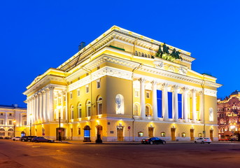 Alexandrinsky theater at night, St. Petersburg, Russia
