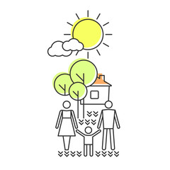 Housing, property and life insurance, mortgages, loans. A happy family. Icon in a modern line style with parents .and child, home in nature.
