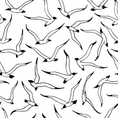 Seagulls. Seamless black white pattern with hand drawn birds. Repeating texture, print for fabric, textile. Marine background with a linear drawings. - 291192530