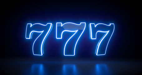 777 Slot Sign With Futuristic Blue Neon Lights Isolated On The Black Background - 3D Illustration - obrazy, fototapety, plakaty