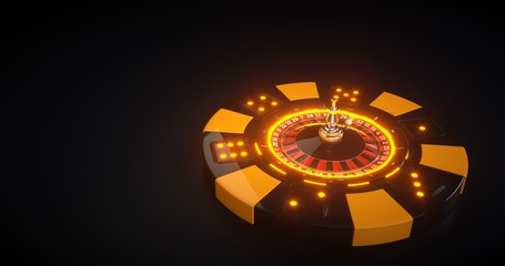 3D Rendering Of Casino Chip With Roulette Wheel Inside With Neon Lights - Isolated On The Black Background