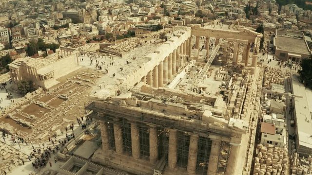 Aerial view of the Parthenon temple restoration and Acropolis in Athens, Greece