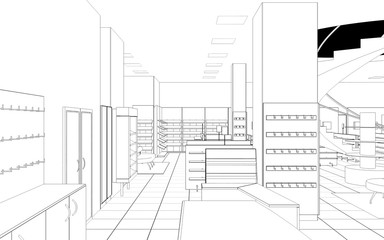 shopping mall, contour visualization, 3D illustration, sketch, outline