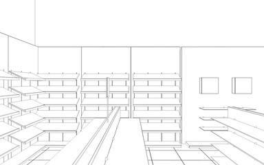 shopping mall, contour visualization, 3D illustration, sketch, outline