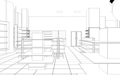 shopping mall, contour visualization, 3D illustration, sketch, outline